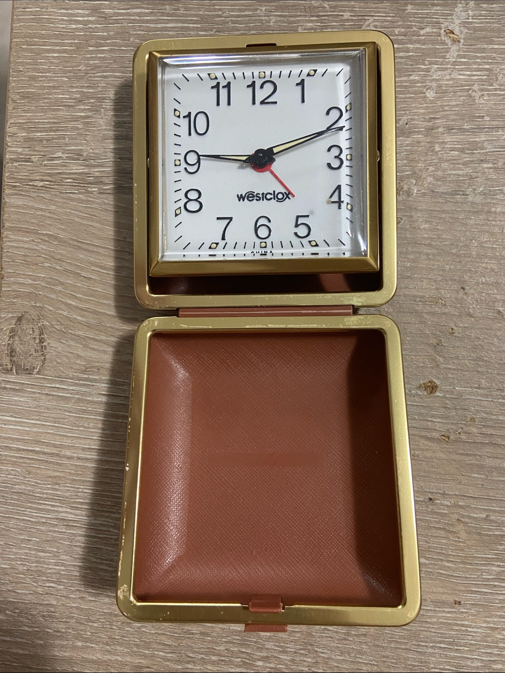 Vintage Westclox Folding Travel Alarm Clock - Gold & Brown Untested